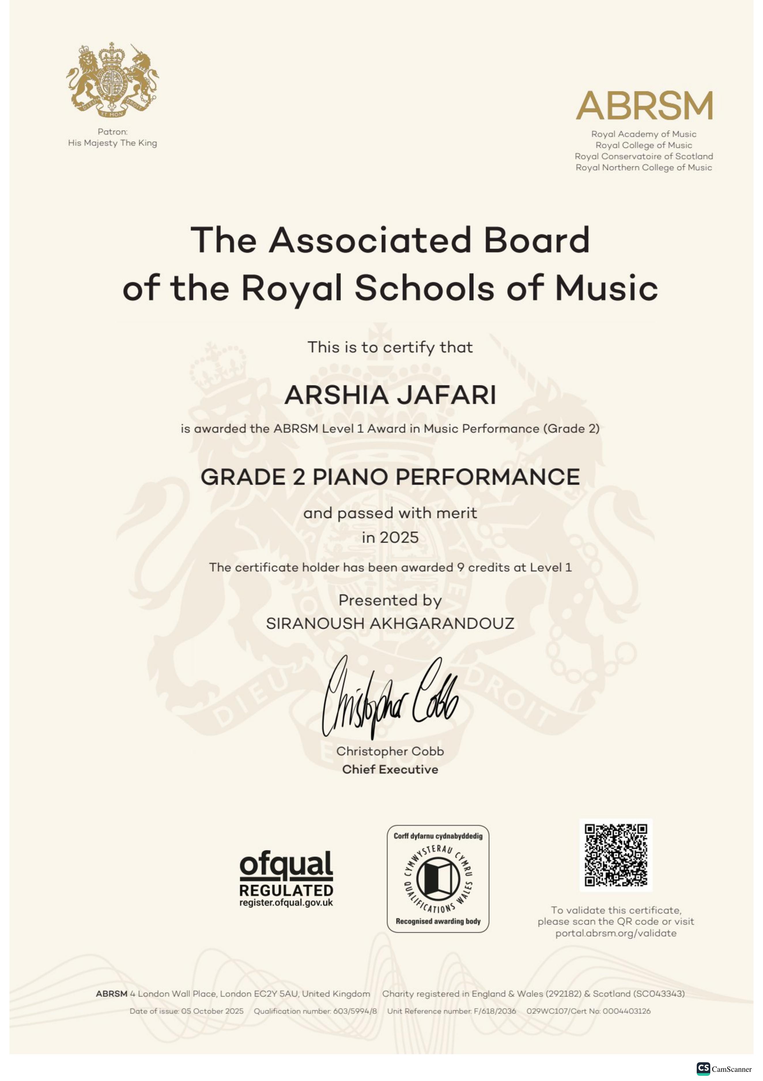 Arshia Jafari - ABRSM Grade 2 Piano Certificate