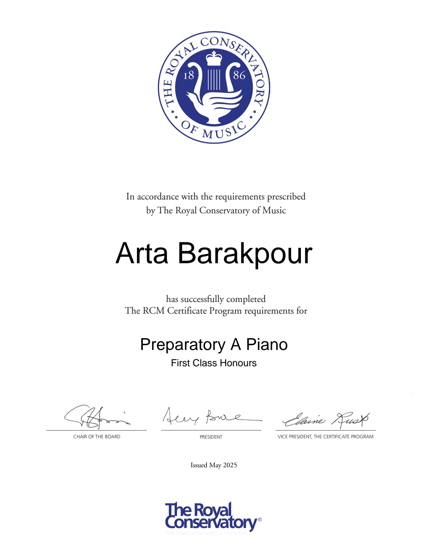 Arta Barakpour - RCM Preparatory A Piano Certificate