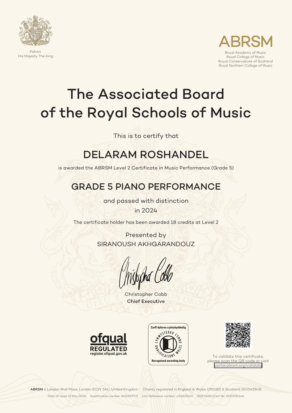 Delaram Roshandel - ABRSM Grade 5 Piano Certificate
