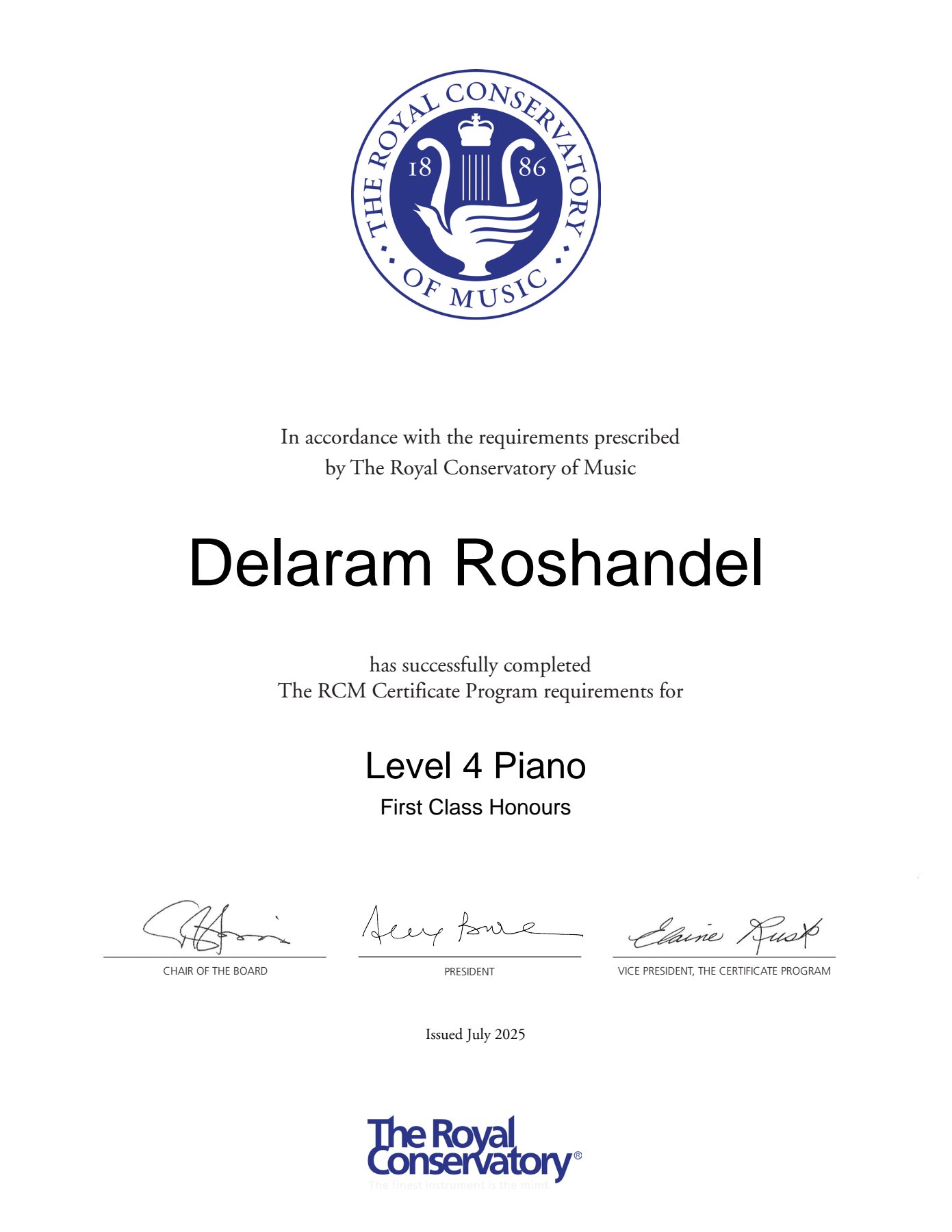 Delaram Roshandel - RCM Level 4 Piano Certificate